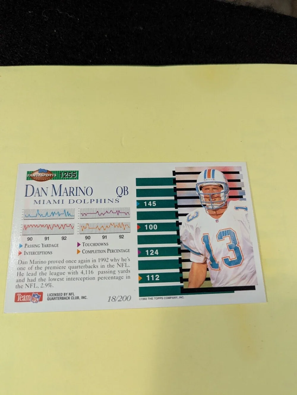 Dan Marino #18/200 - 1993 Topps FantaSports Football Card Jumbo GOLD Rare Card